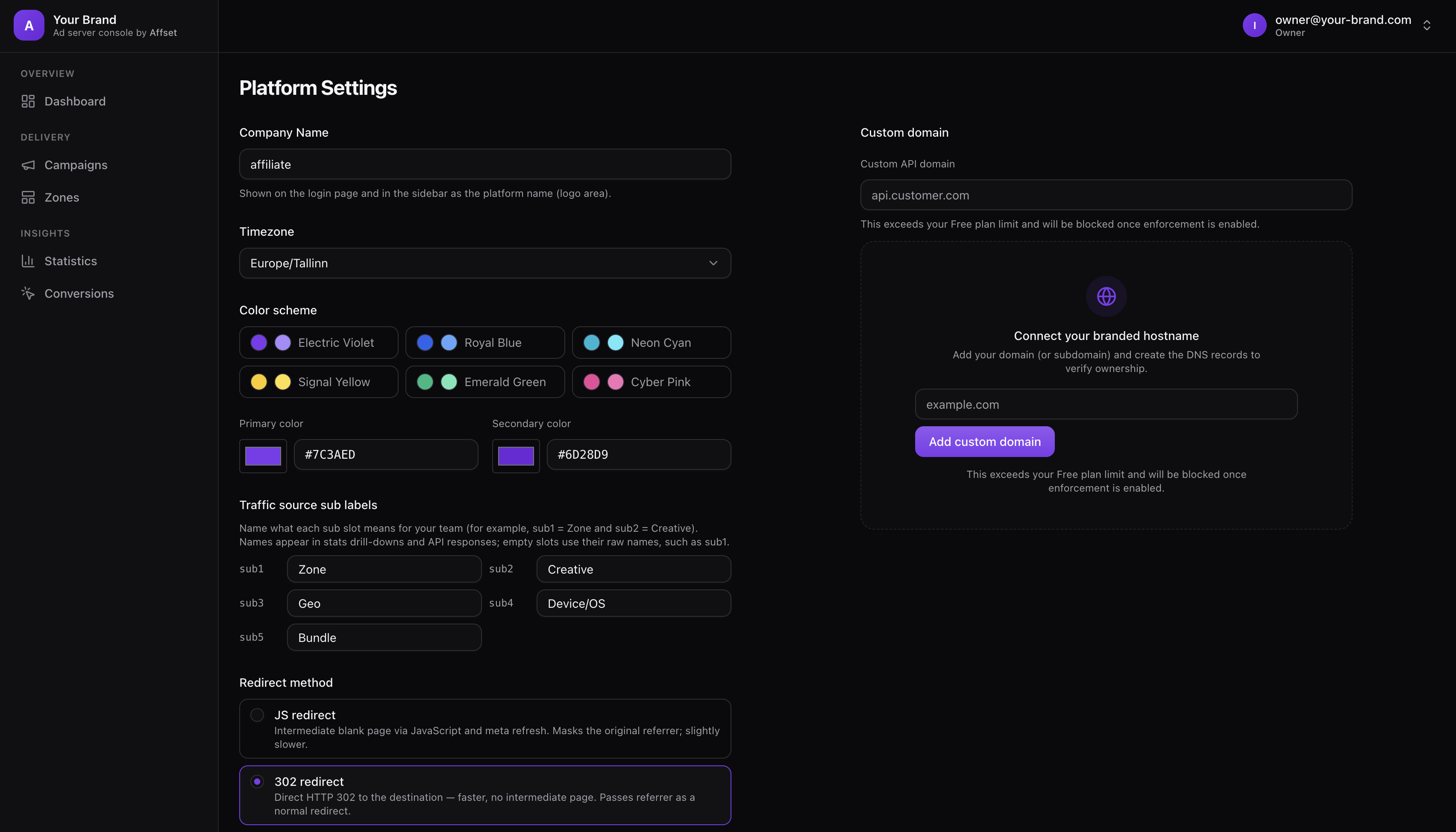 Platform customization showing color schemes and white-label branding options