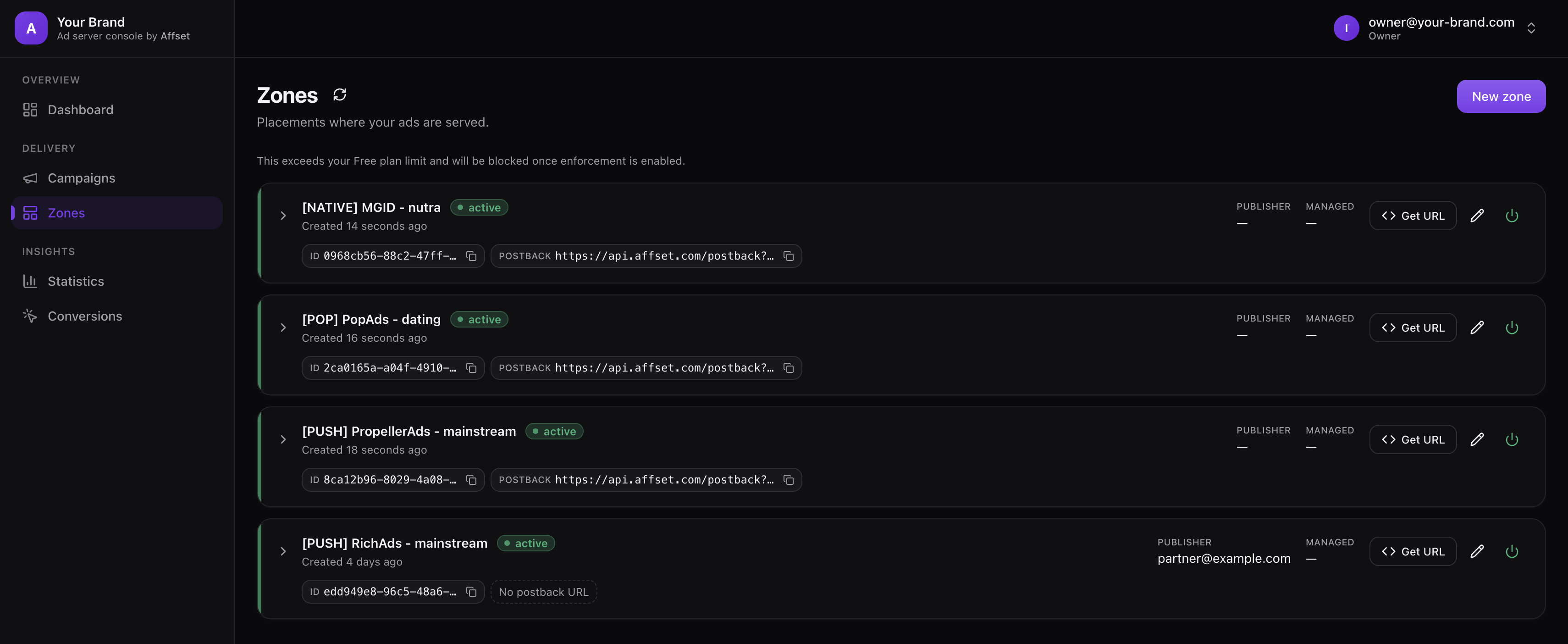 Zone management showing embed codes and traffic back URLs